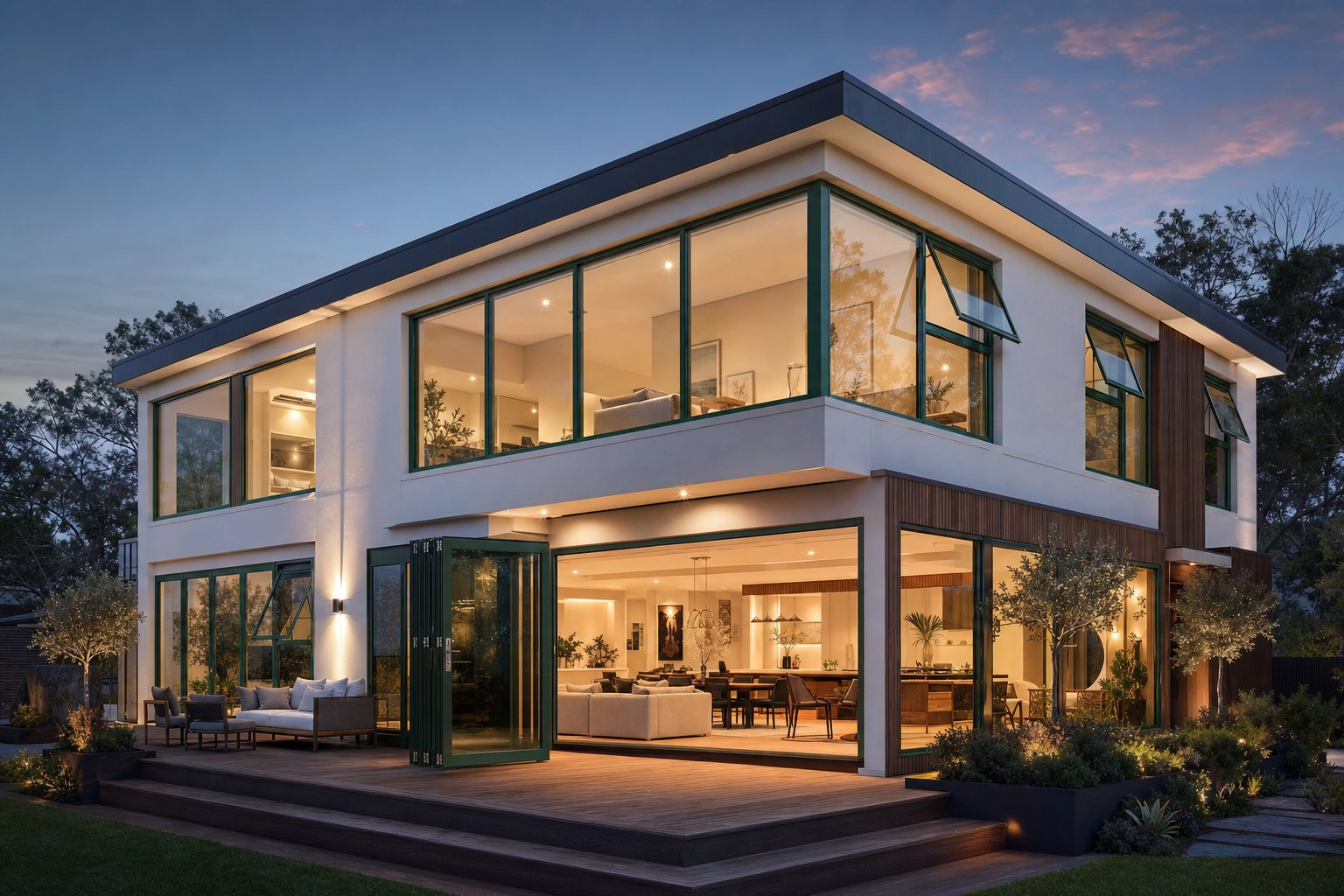 multiple green aluminium window styles including bi fold doors and awning windows on a modern home