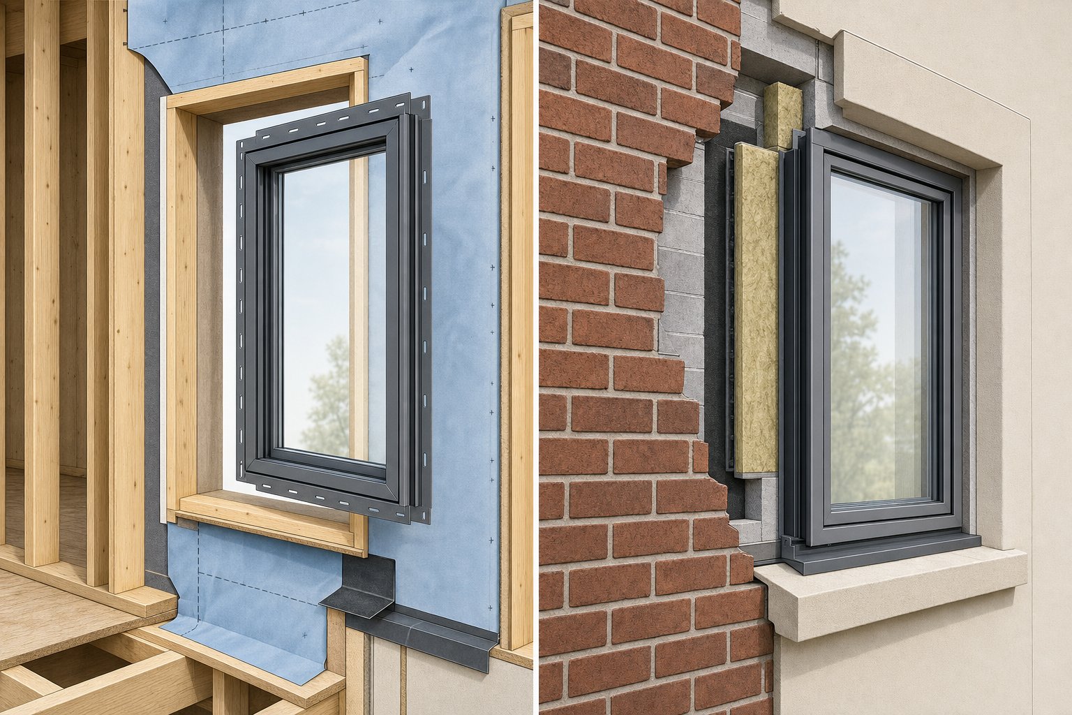 new construction versus retrofit aluminium window installation methods showing different fixing and waterproofing approaches