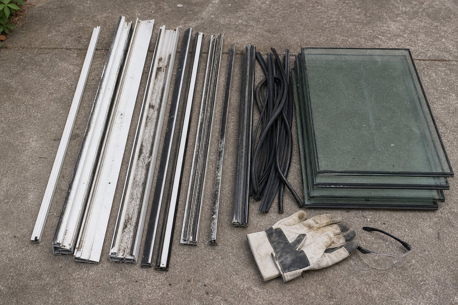 old aluminium window frames separated and prepared for scrap metal recycling