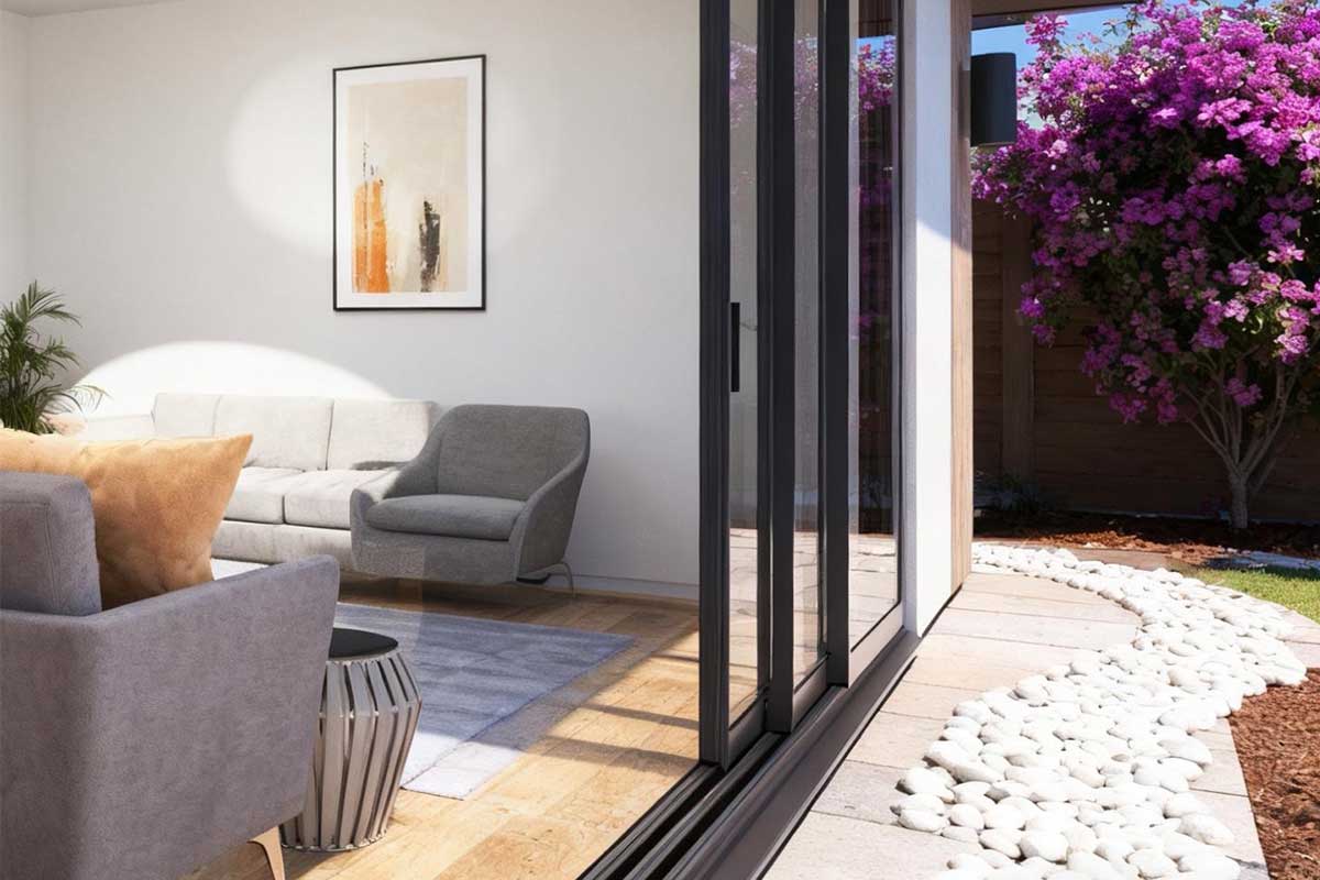 open plan living area featuring multiple aluminium window types including bifold awning and fixed configurations
