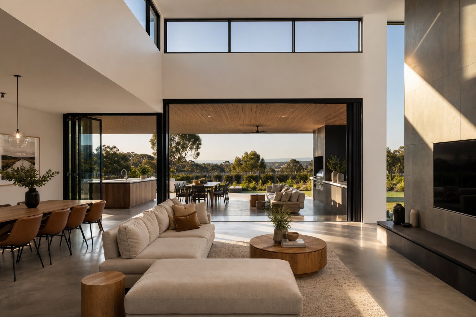 open plan living area with custom aluminium sliding doors demonstrating seamless indoor outdoor integration