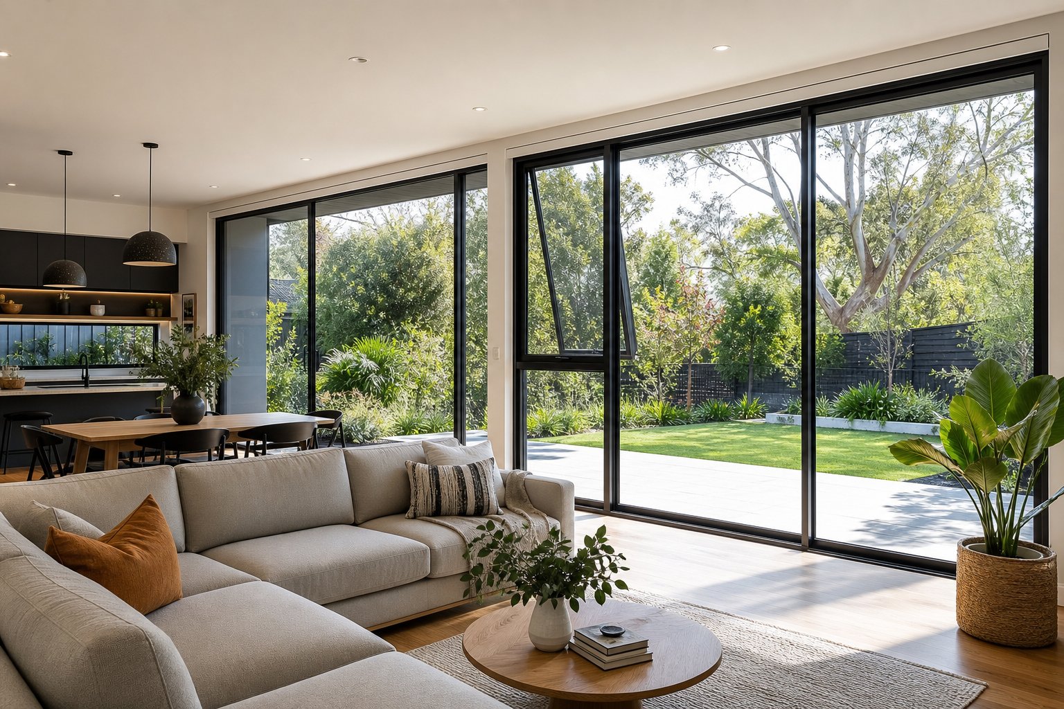 open plan living space with aluminium sliding and casement windows providing ventilation and unobstructed garden views