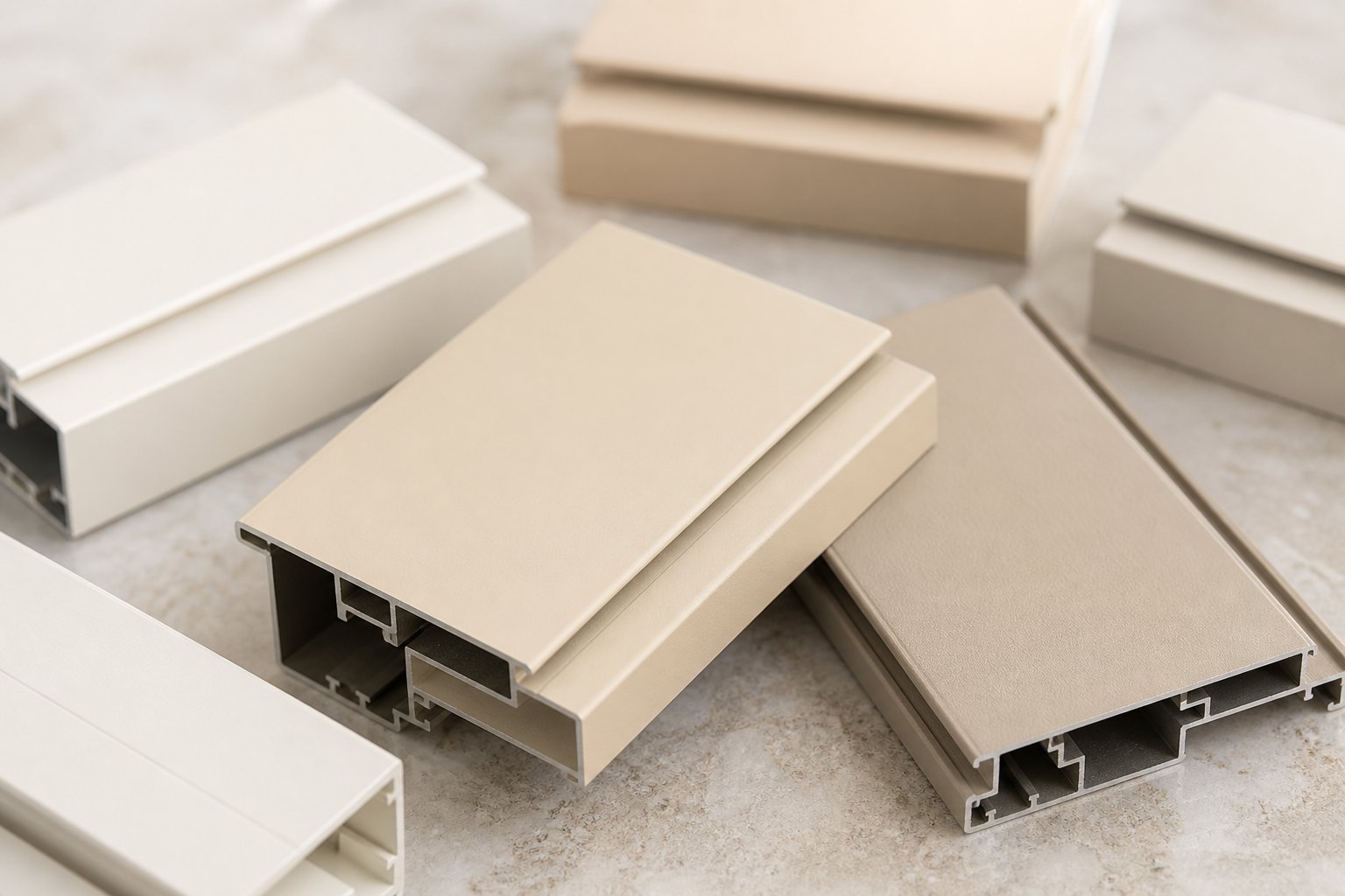 powder coat sample swatches showing the subtle differences between popular beige ral shades for aluminium window frames