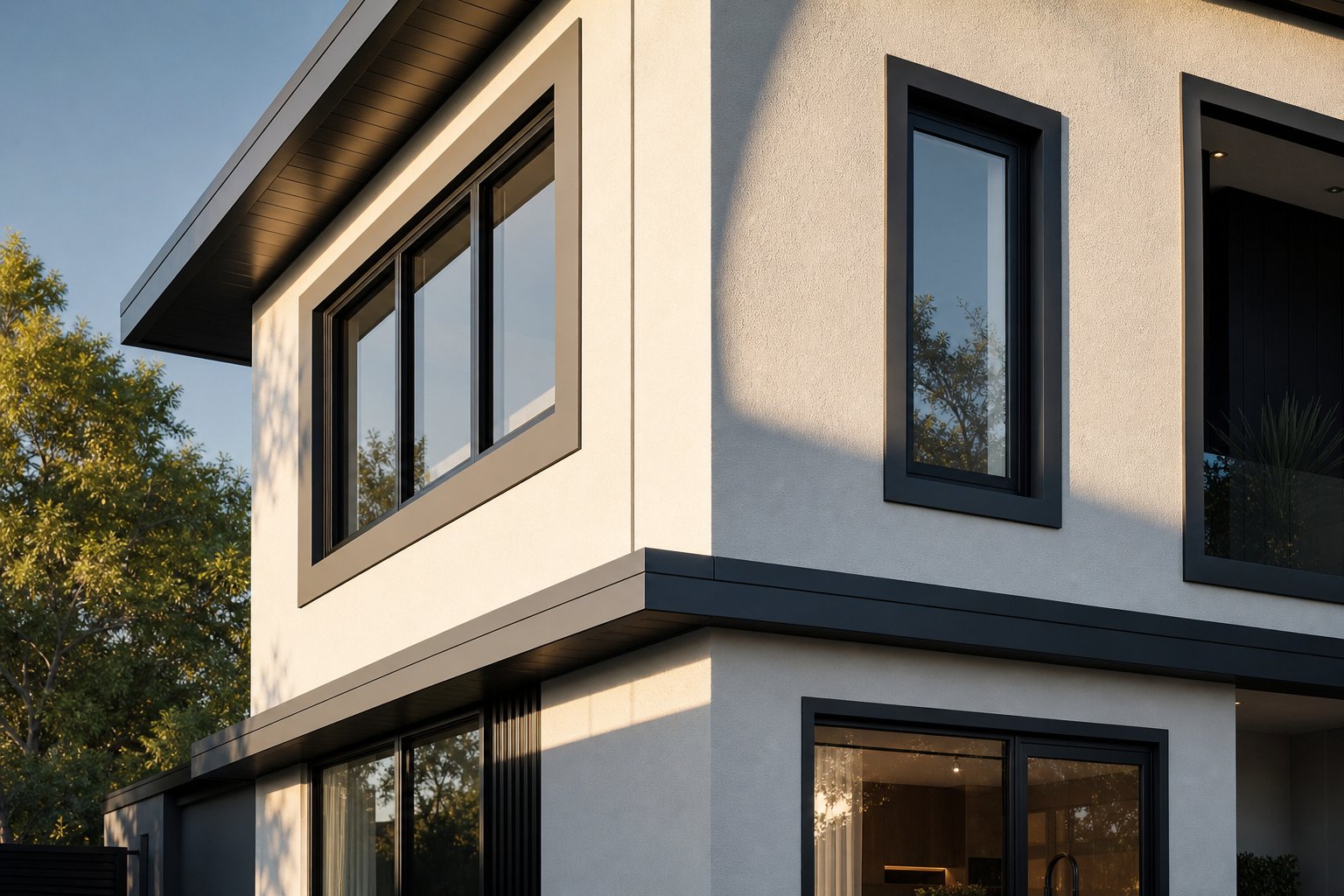 powder coated aluminium architraves in matte black creating clean shadow lines on a contemporary facade
