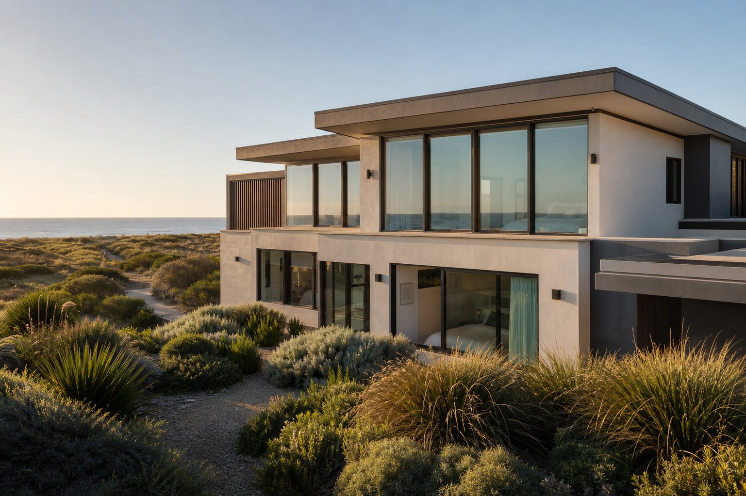 powder coated aluminium bedroom windows on a coastal australian home built to resist salt air corrosion