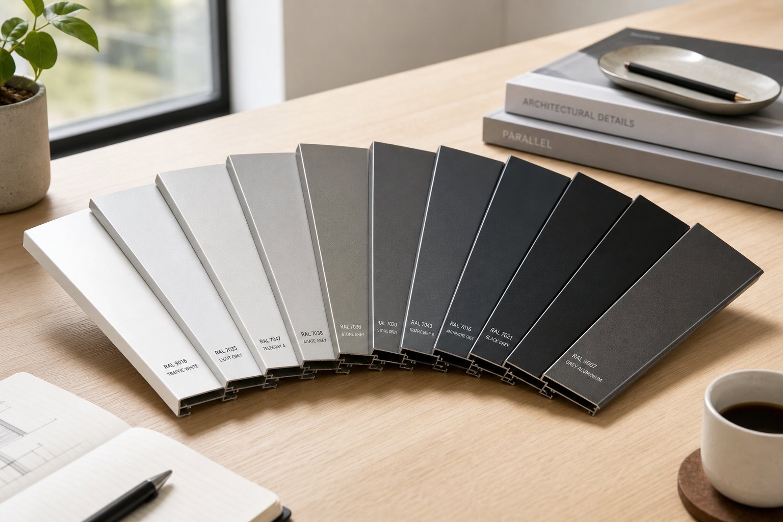 powder coated aluminium sill samples in popular ral colours ranging from white to anthracite grey
