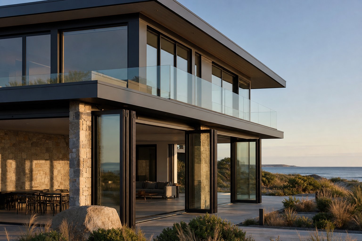 powder coated aluminium window frames on a coastal australian home demonstrating long term finish durability against salt air exposure