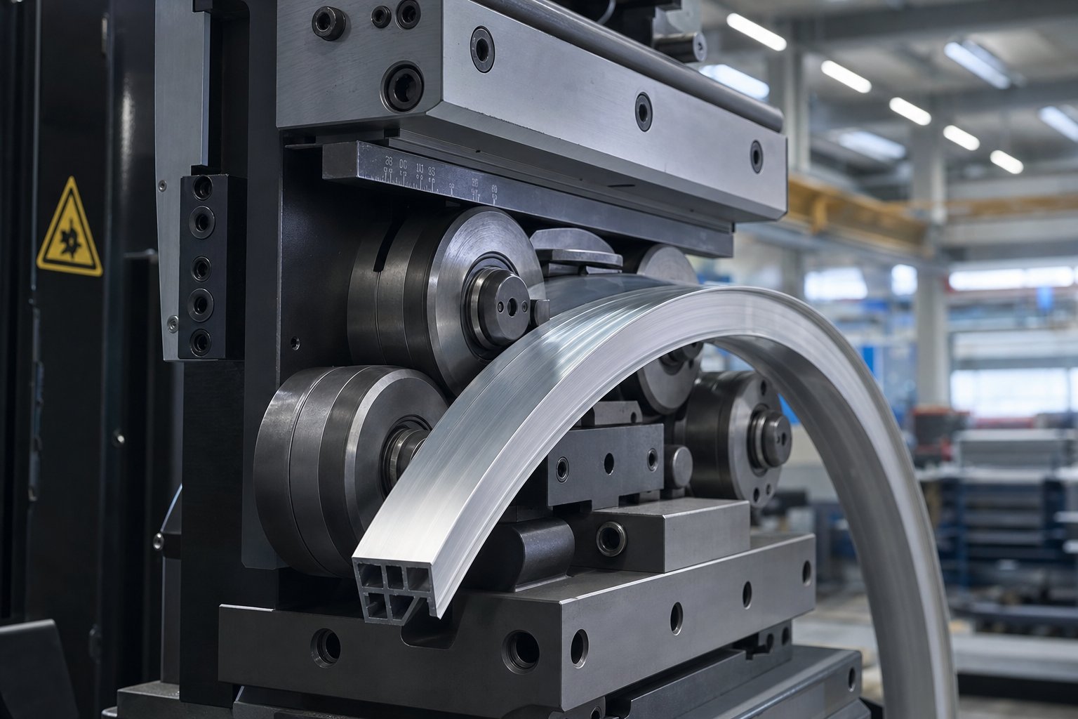 precision roller bending equipment forming a curved aluminium profile for an arched window frame