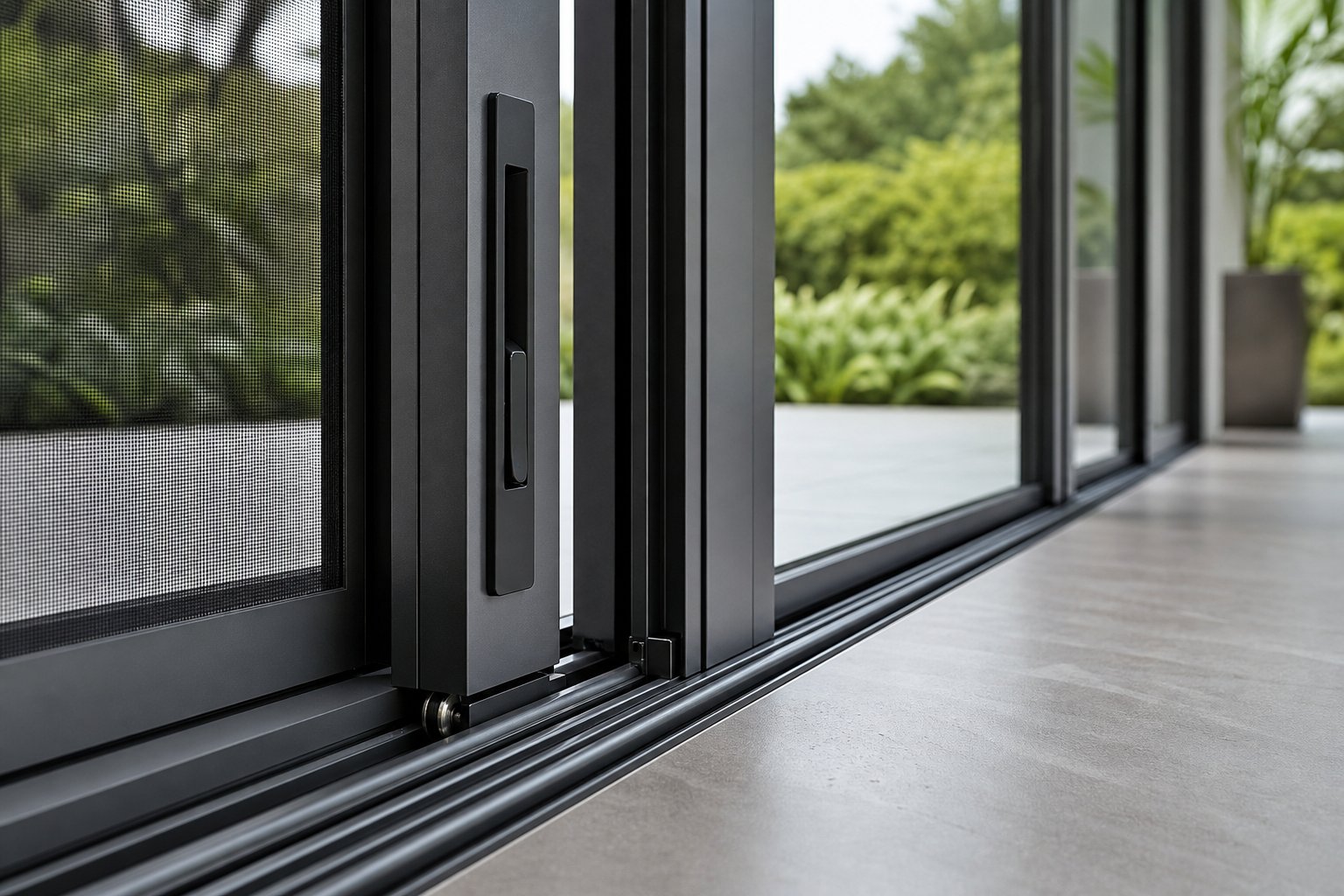 premium aluminium sliding window track system with flush mount hardware and integrated flyscreen
