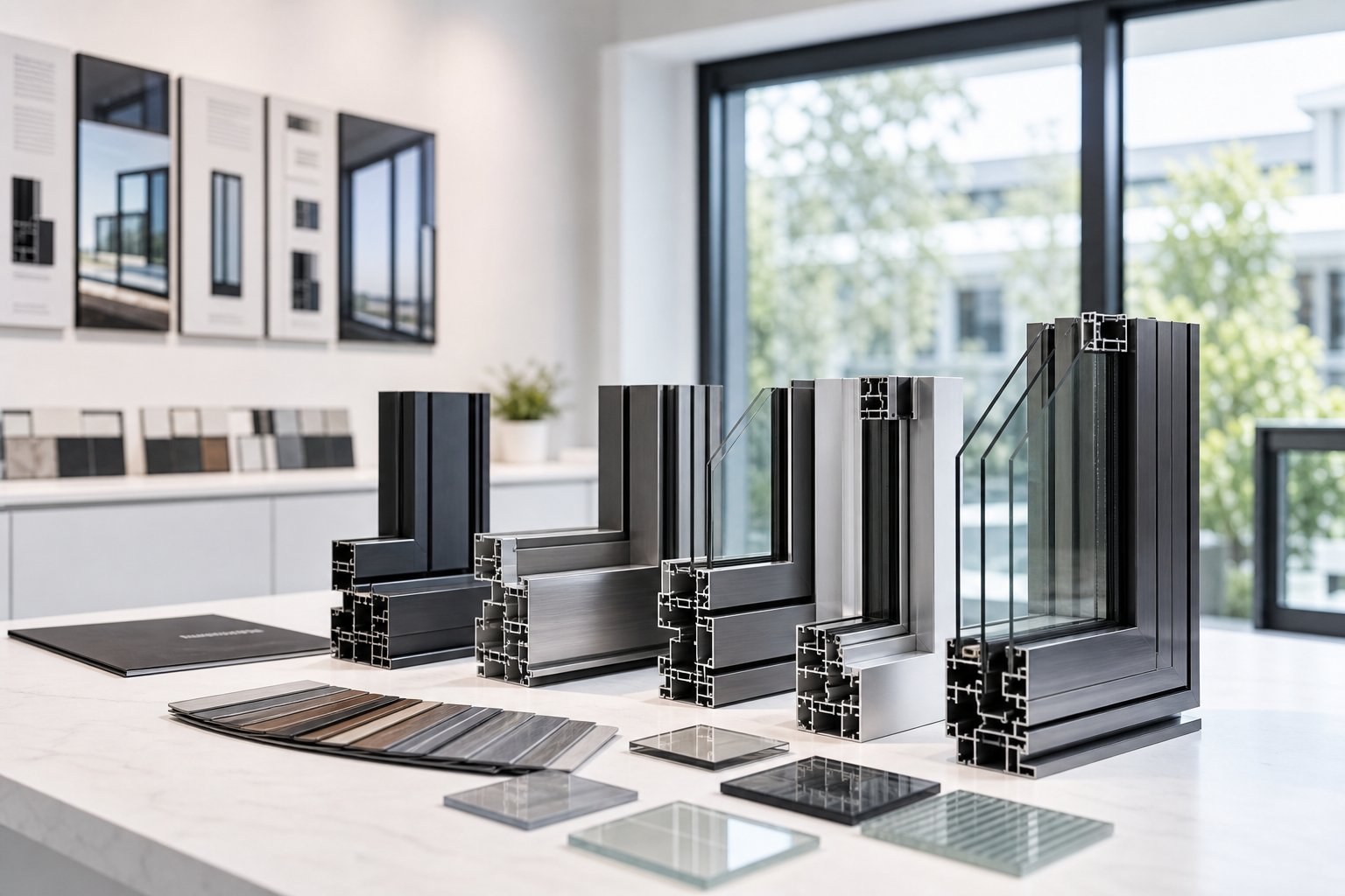 premium aluminium window profiles and finish samples laid out during the professional specification process