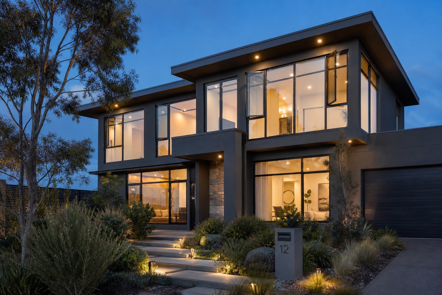 premium aluminium windows with dark bronze frames on a contemporary australian home at twilight