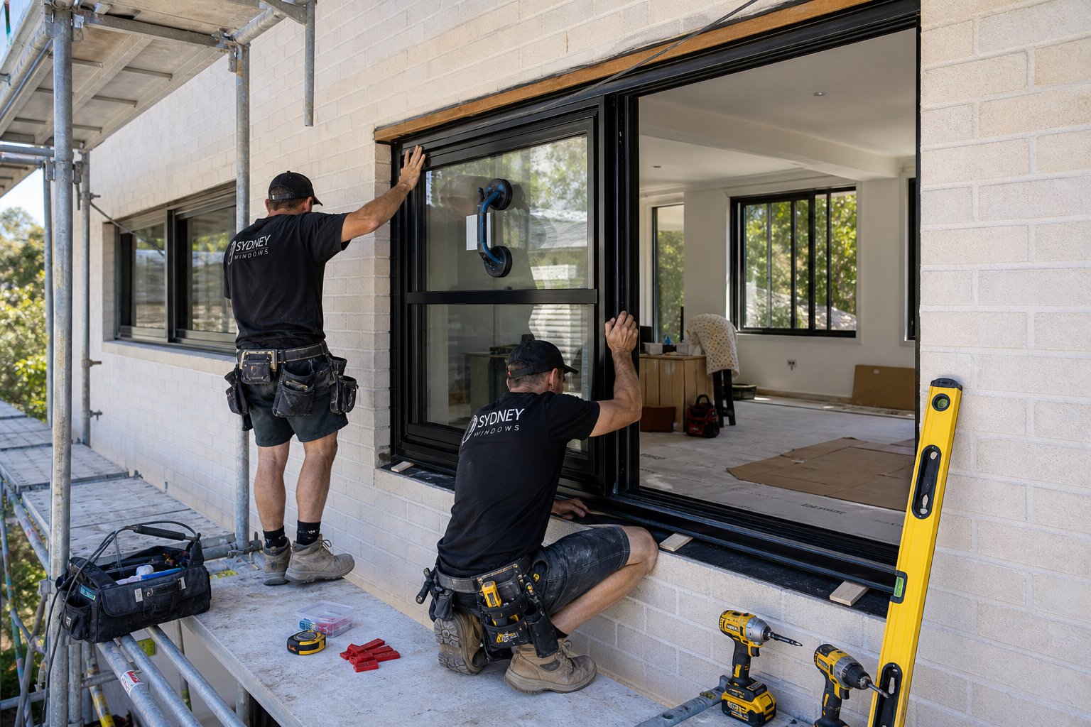 professional aluminium window installation during a sydney home renovation with precision frame positioning