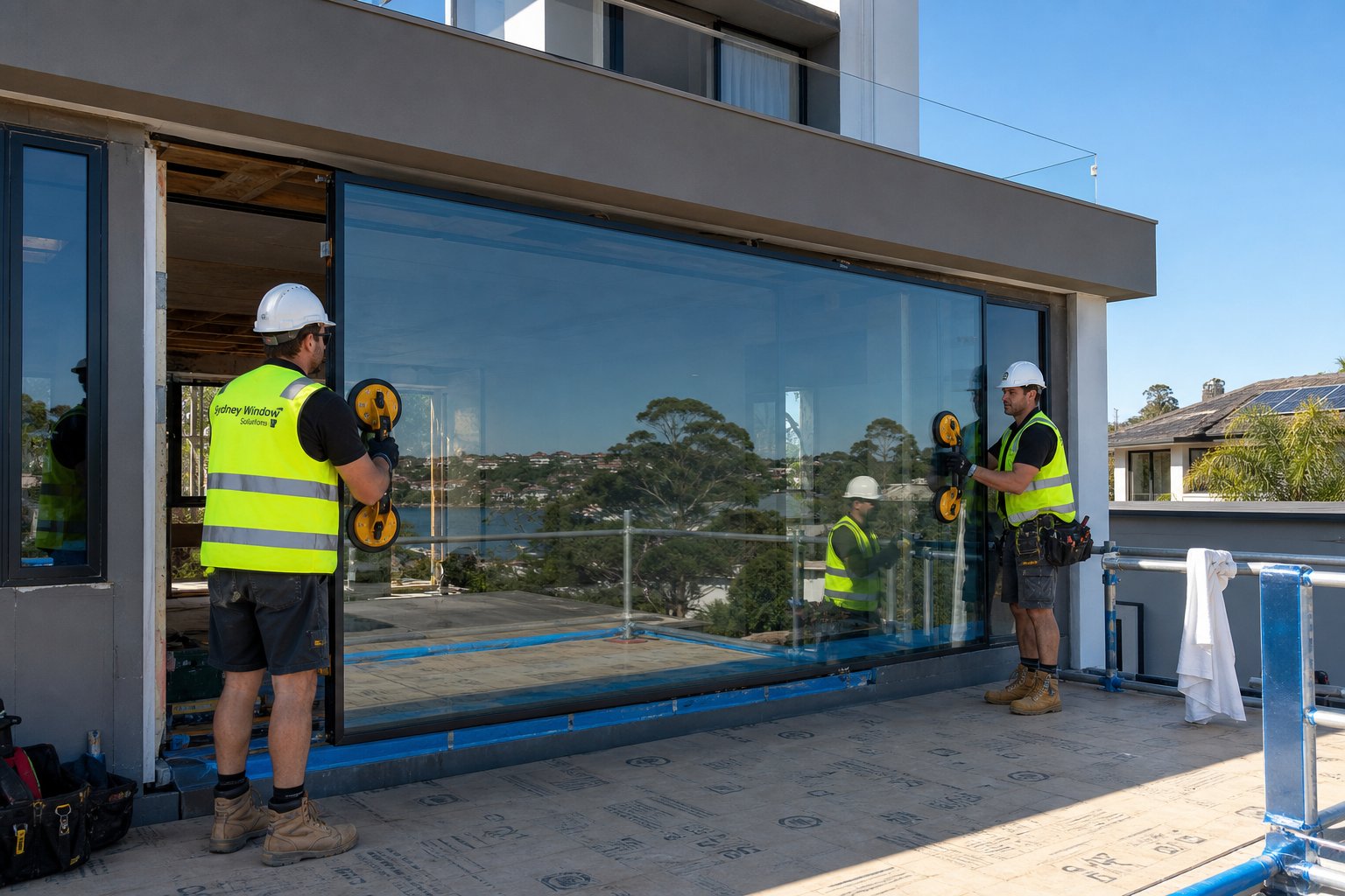 professional installation of a large double glazed aluminium window panel on a modern sydney home