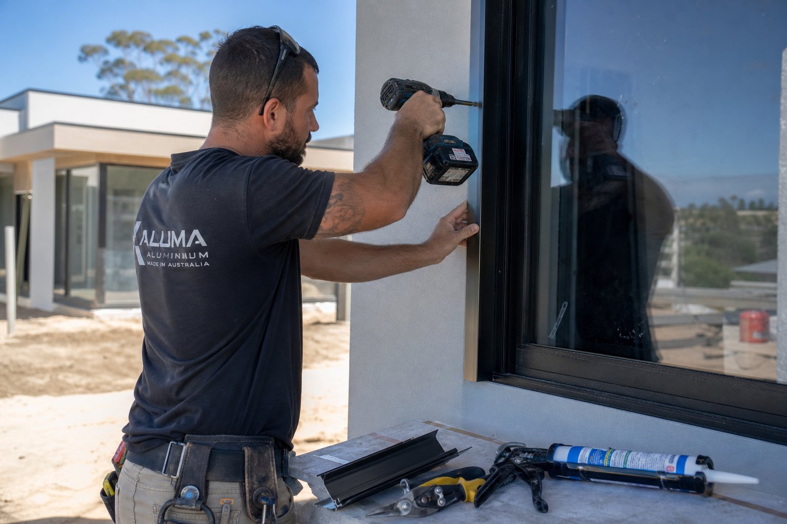 professional installation of aluminium window trim on a new build australian home with rendered exterior walls