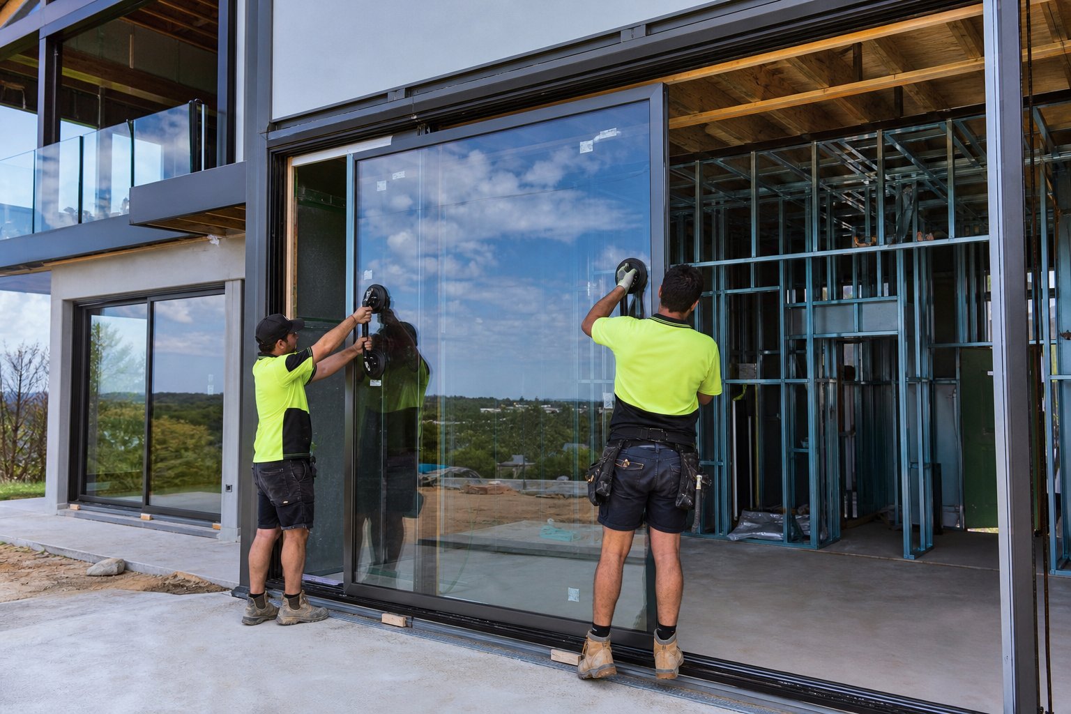 professional installers fitting a large aluminium sliding door panel requiring specialist handling equipment
