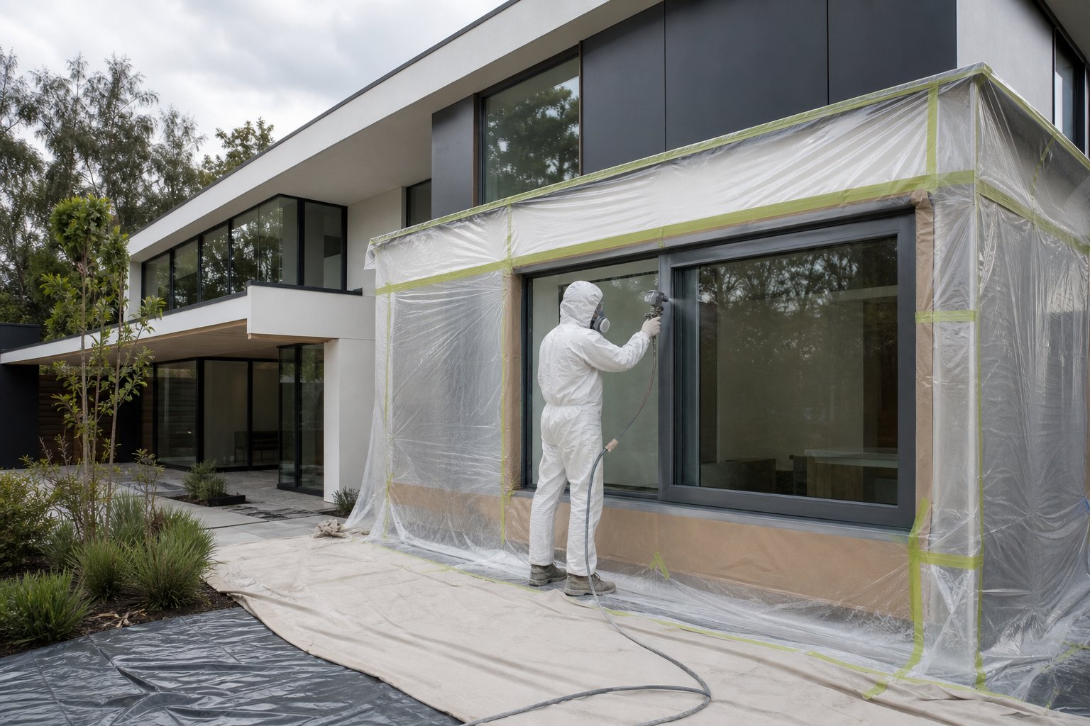 professional on site respraying uses temporary enclosures to achieve a controlled dust free finish