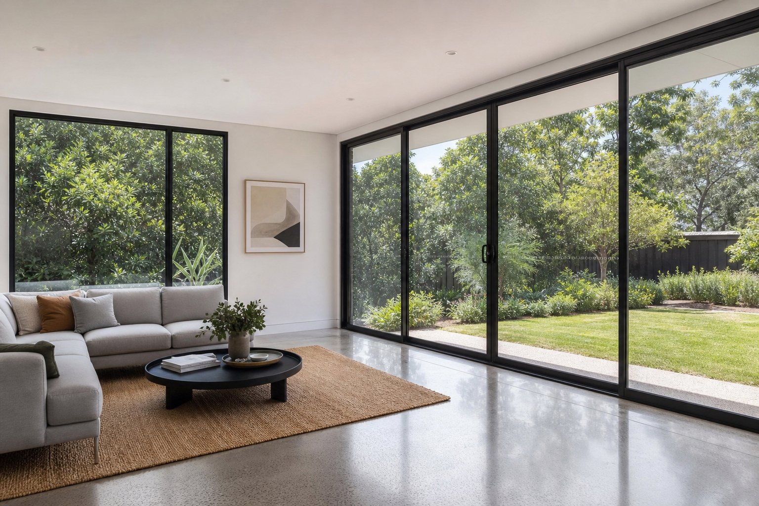 professionally installed aluminium windows and doors with finished internal reveals ready for handover
