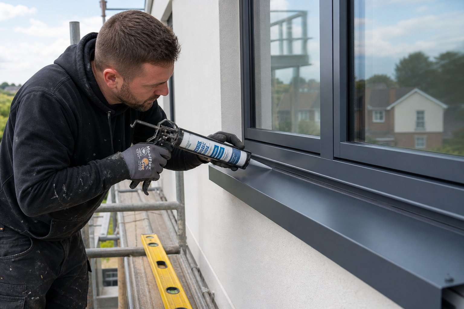 proper sealant application at the rear upstand junction during external aluminium sill installation