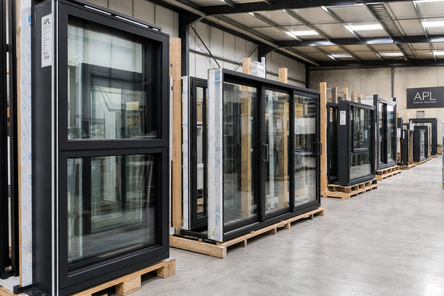 range of supply only aluminium windows in various configurations ready for dispatch