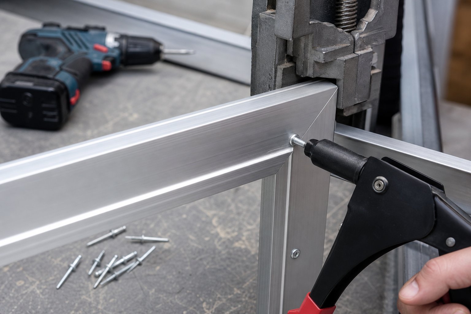 repairing a separated aluminium door frame mitre joint using a pop rivet gun and right angle clamp