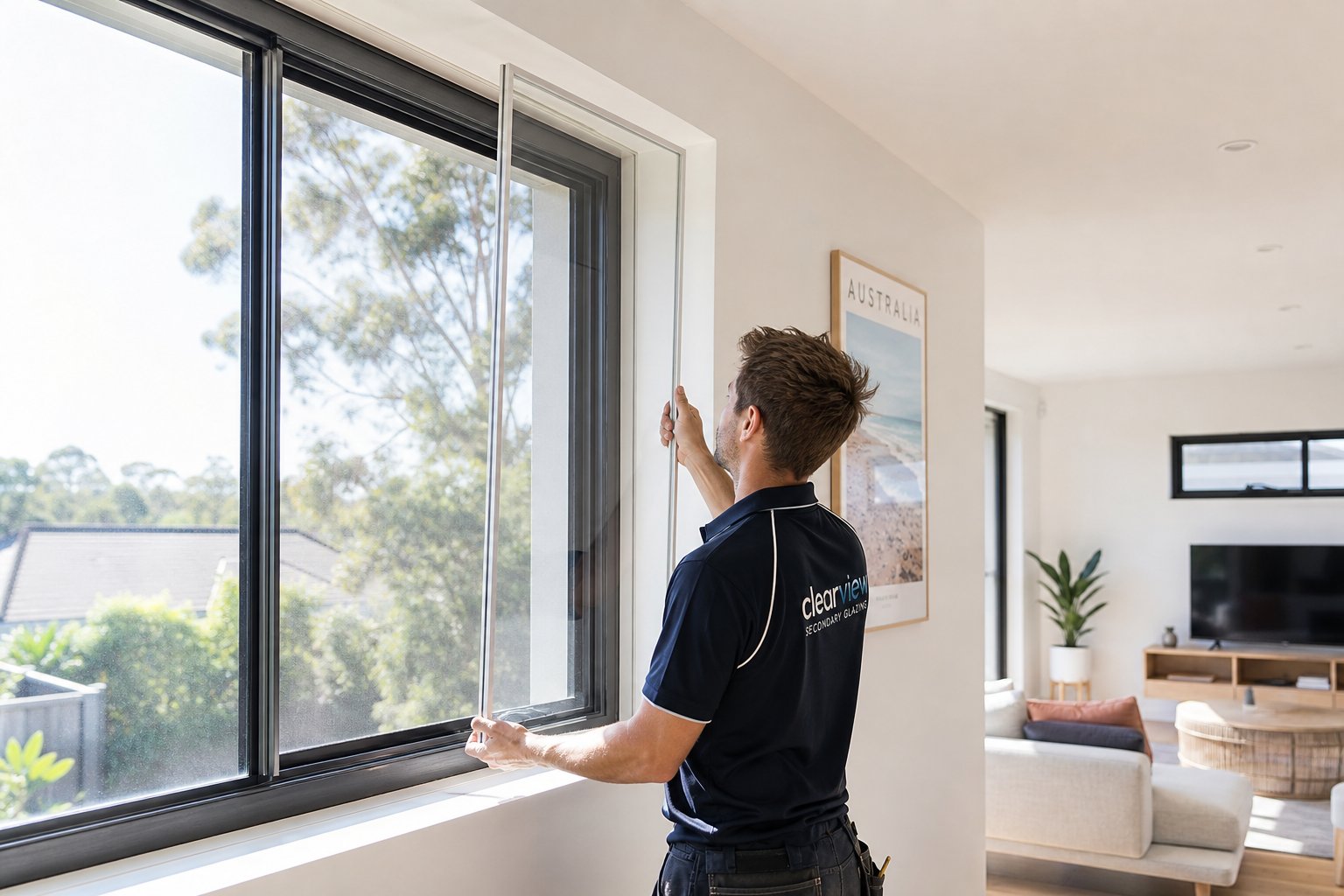 secondary glazing panel installed inside an existing aluminium window frame to improve thermal performance