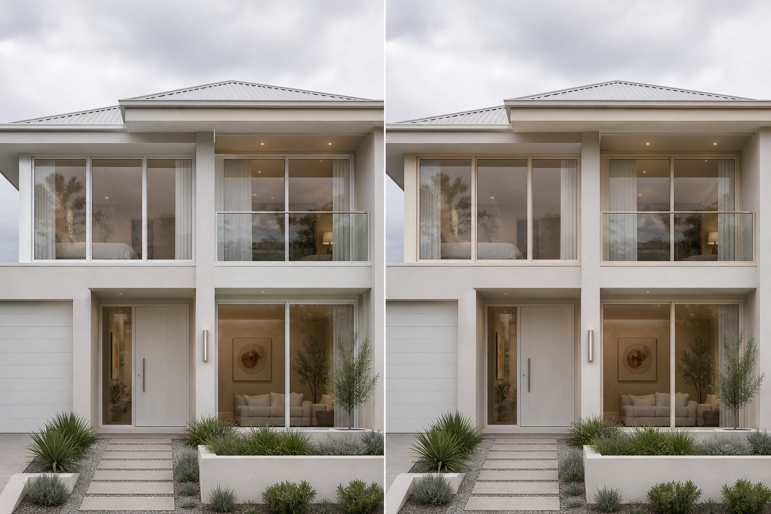 side by side comparison showing how cream aluminium frames appear warmer and softer than bright white against a rendered facade