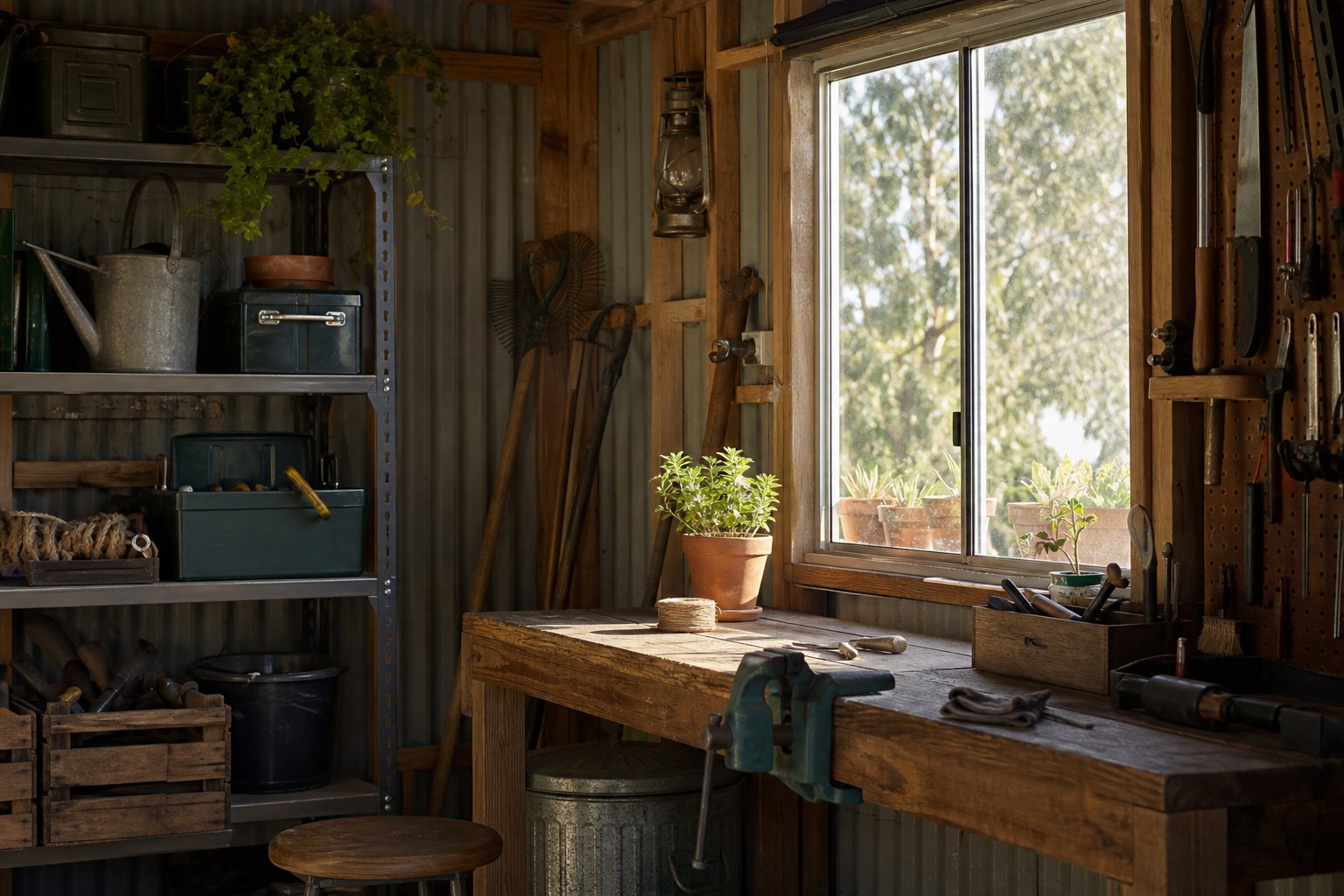 single glazed aluminium window providing natural light in a garden shed workshop