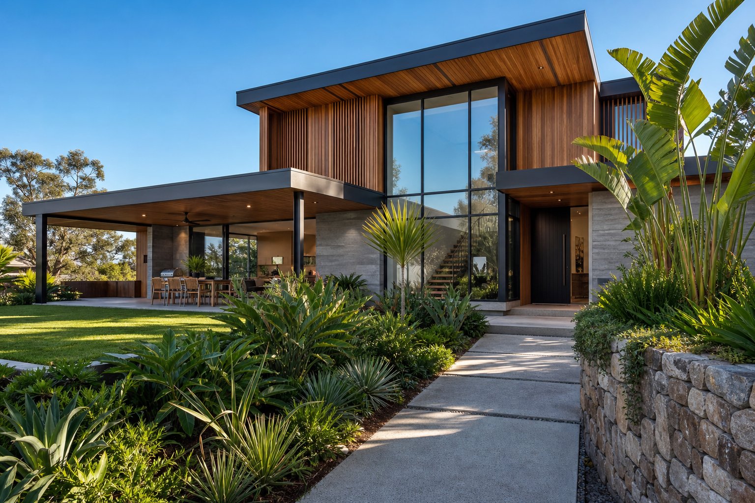 slim aluminium frames paired with natural materials on a contemporary australian residential facade
