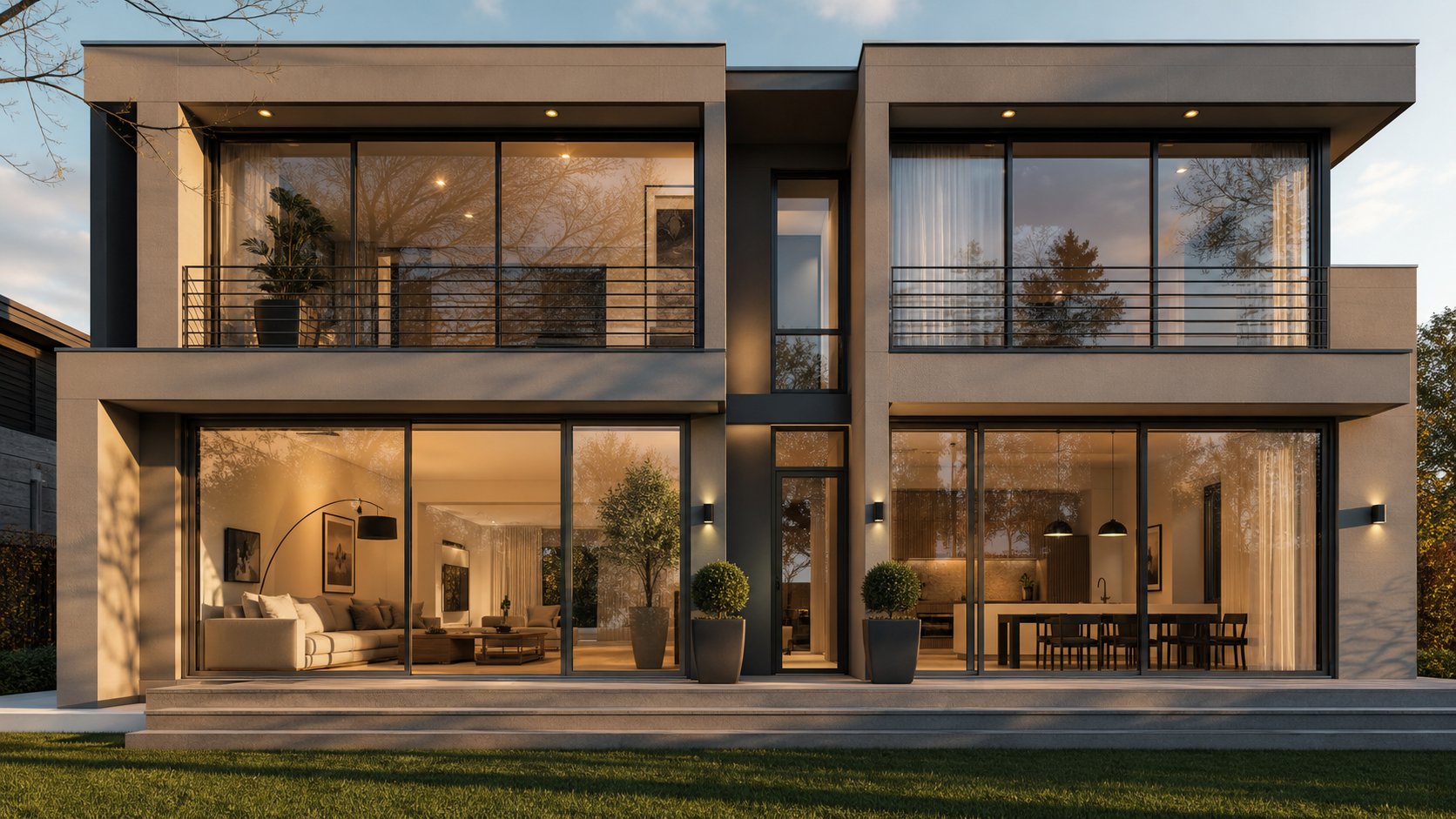 slim profile aluminium sliding windows with grill bars maximising glass area on a contemporary two storey home