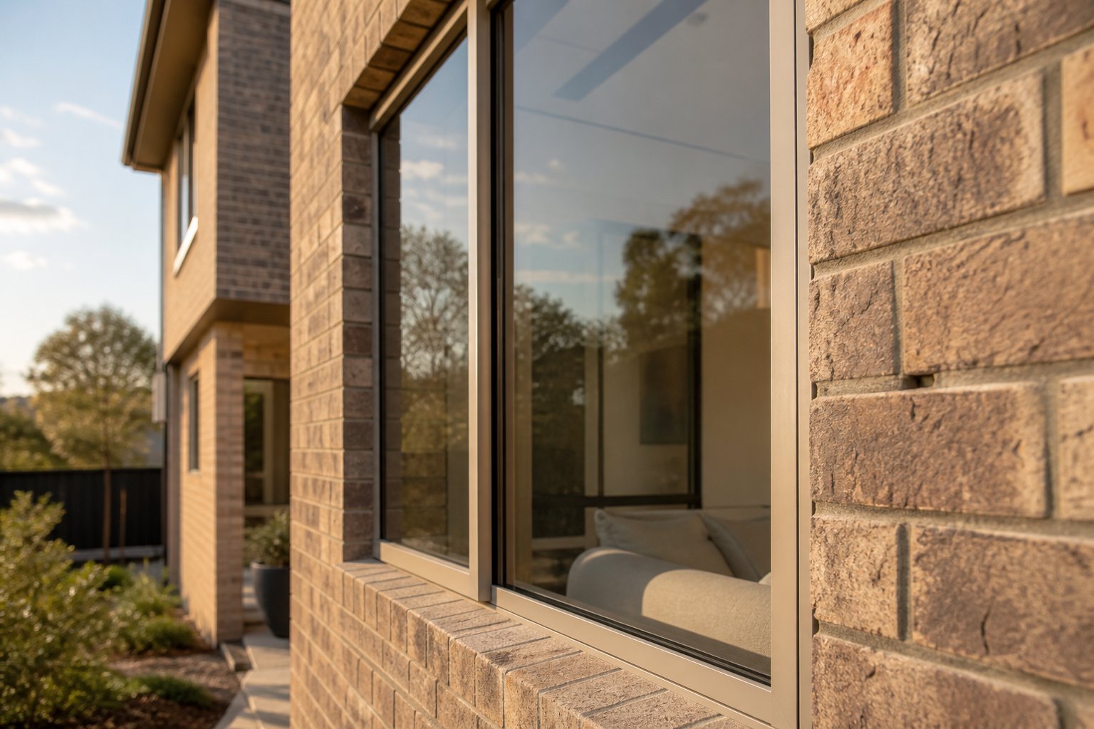 slim profile beige aluminium window frame demonstrating minimal sightlines and maximum glass area against warm brick facade