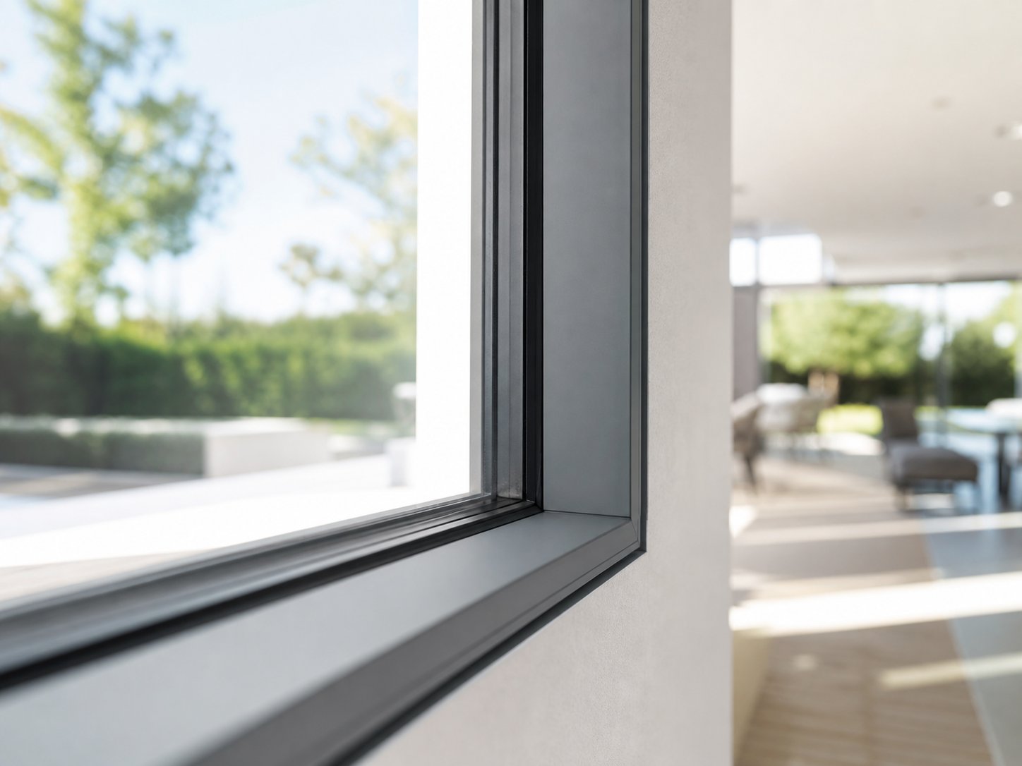 slim profile grey aluminium frame maximising glass area and natural light in a modern home