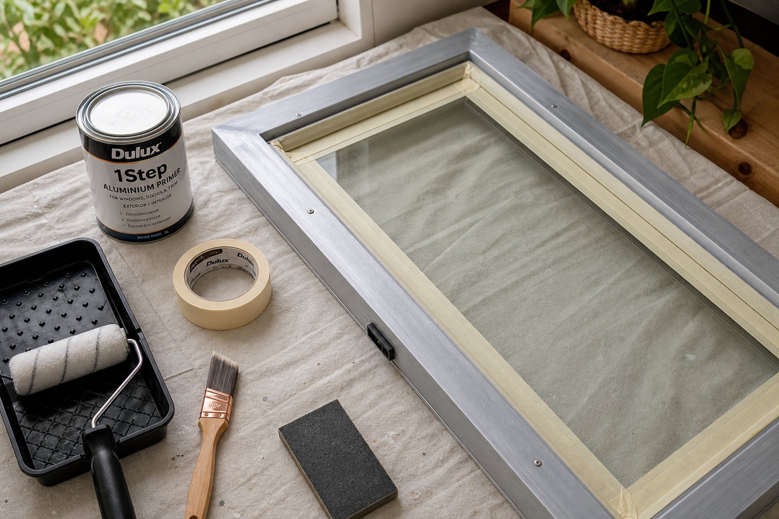 surface preparation and painting supplies laid out for aluminium window frame recoating
