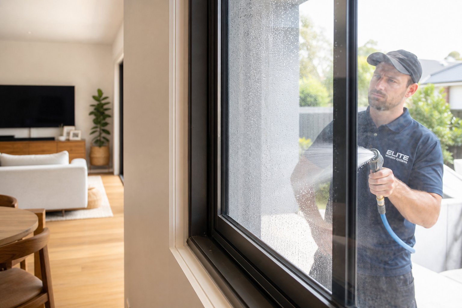 systematic water testing of an aluminium window installation to diagnose potential leak points at the frame to wall junction