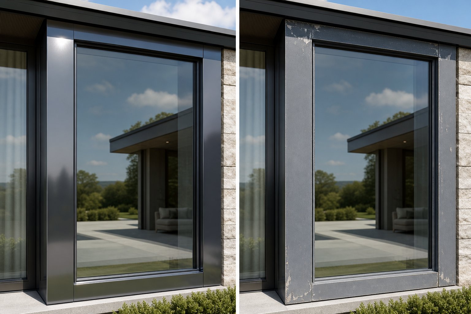 the visible difference between a premium two pack polyurethane respray finish and a budget coating showing early peeling and chalking