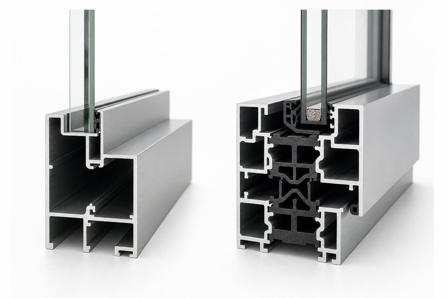 thermally broken aluminium frame profile showing the polyamide barrier that adds depth to the section