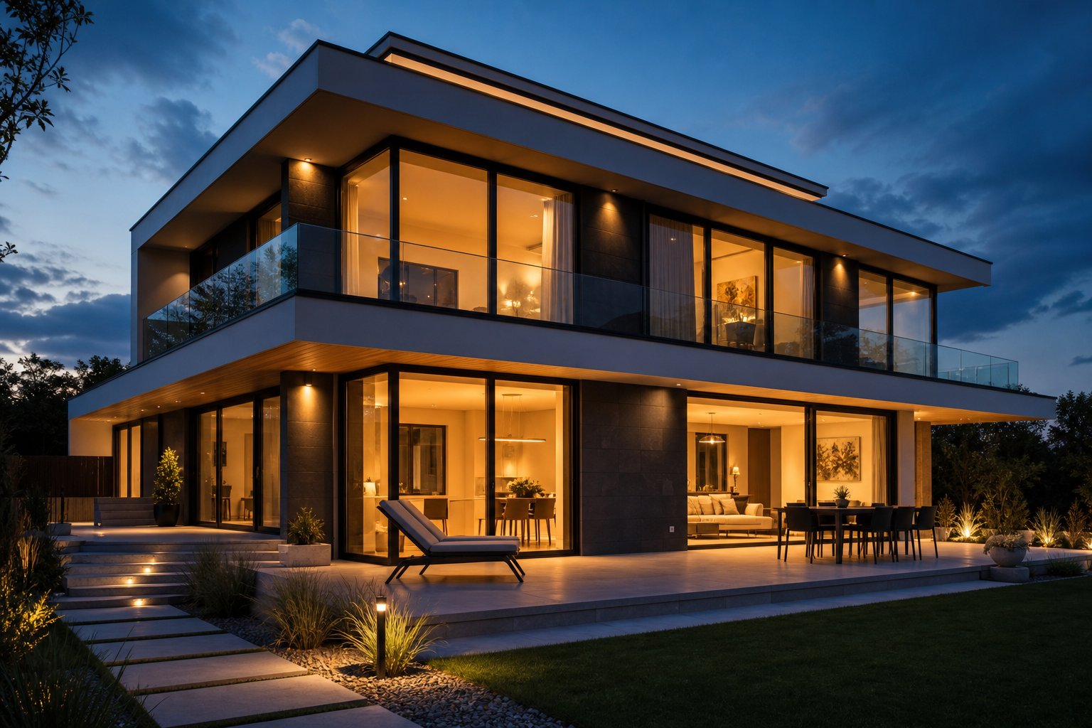 thermally broken aluminium frames maintaining interior warmth and comfort in a contemporary home at dusk