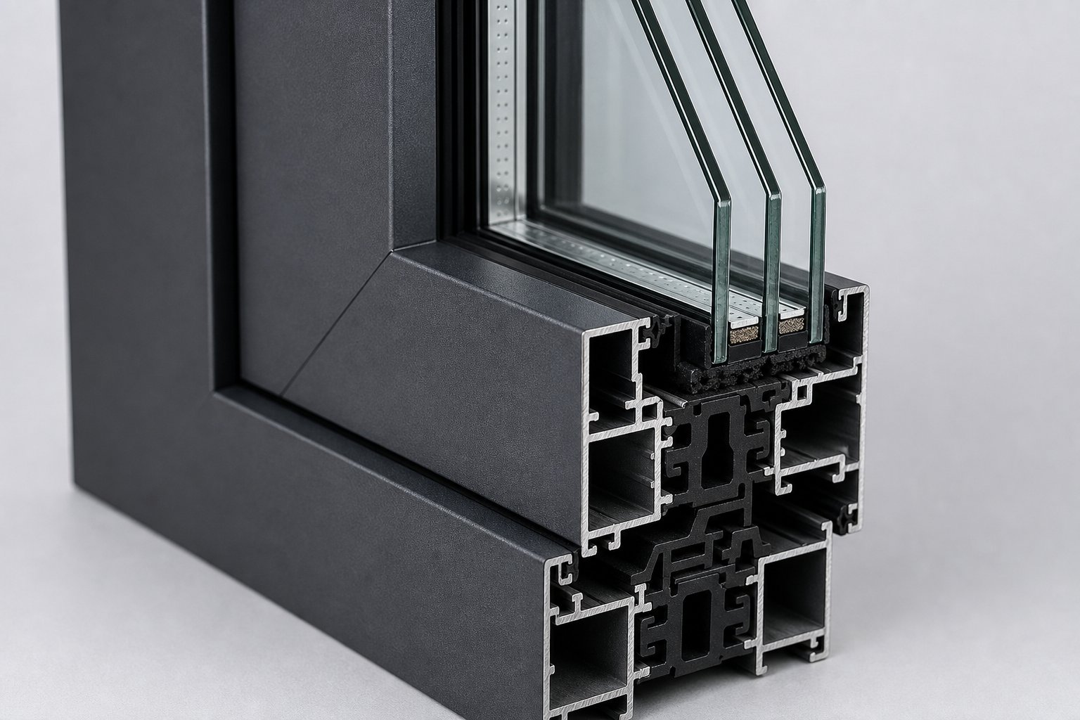 thermally broken aluminium profile cross section showing the polyamide thermal break strip and deep glazing rebate housing a triple glazed unit