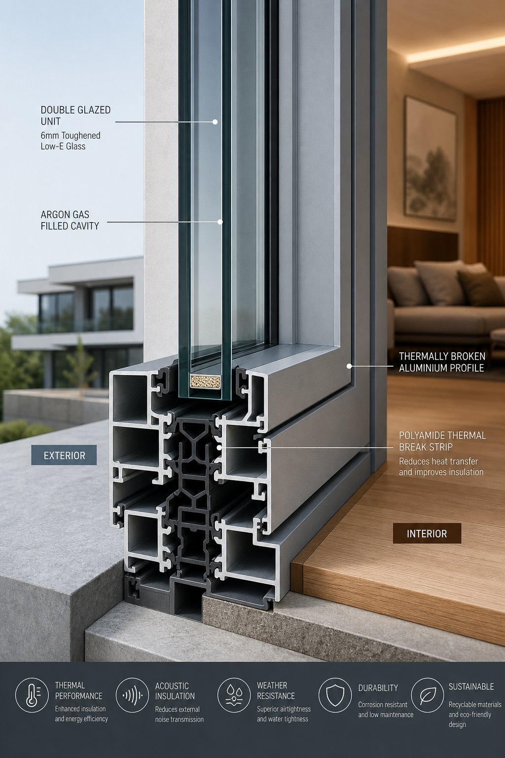 thermally broken aluminium profile with polyamide strip separating interior and exterior frame sections