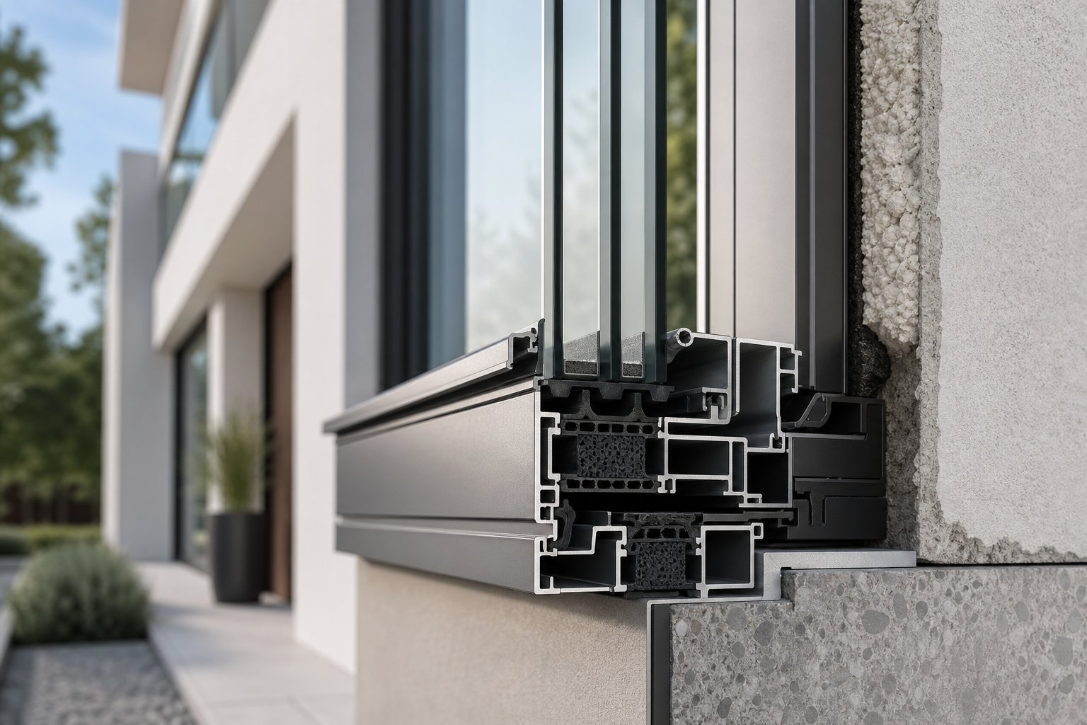 thermally broken aluminium window frame detail showing compression seals and double glazing that reduce air infiltration and heat transfer