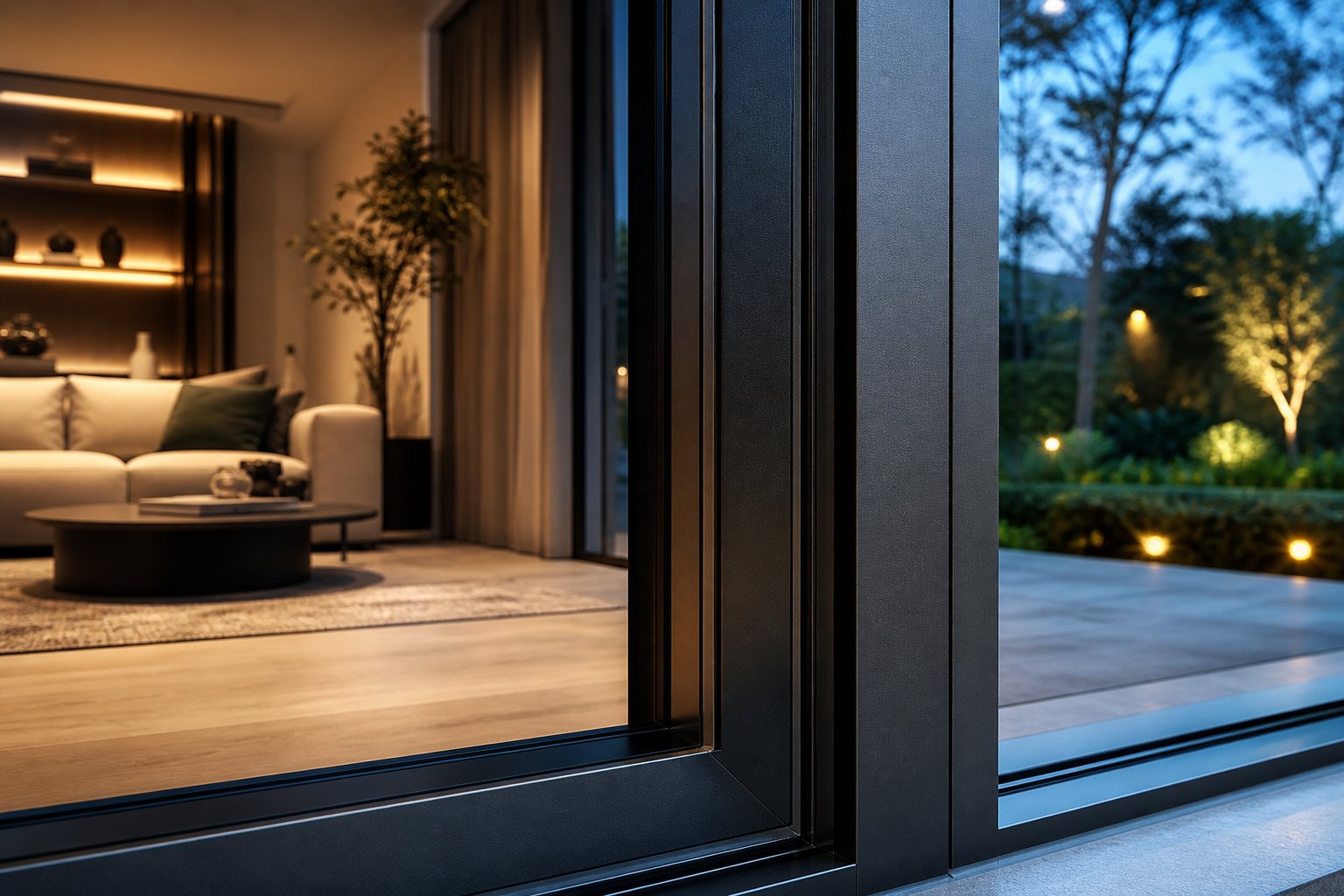 thermally broken aluminium window frames maintaining interior warmth against cool evening conditions