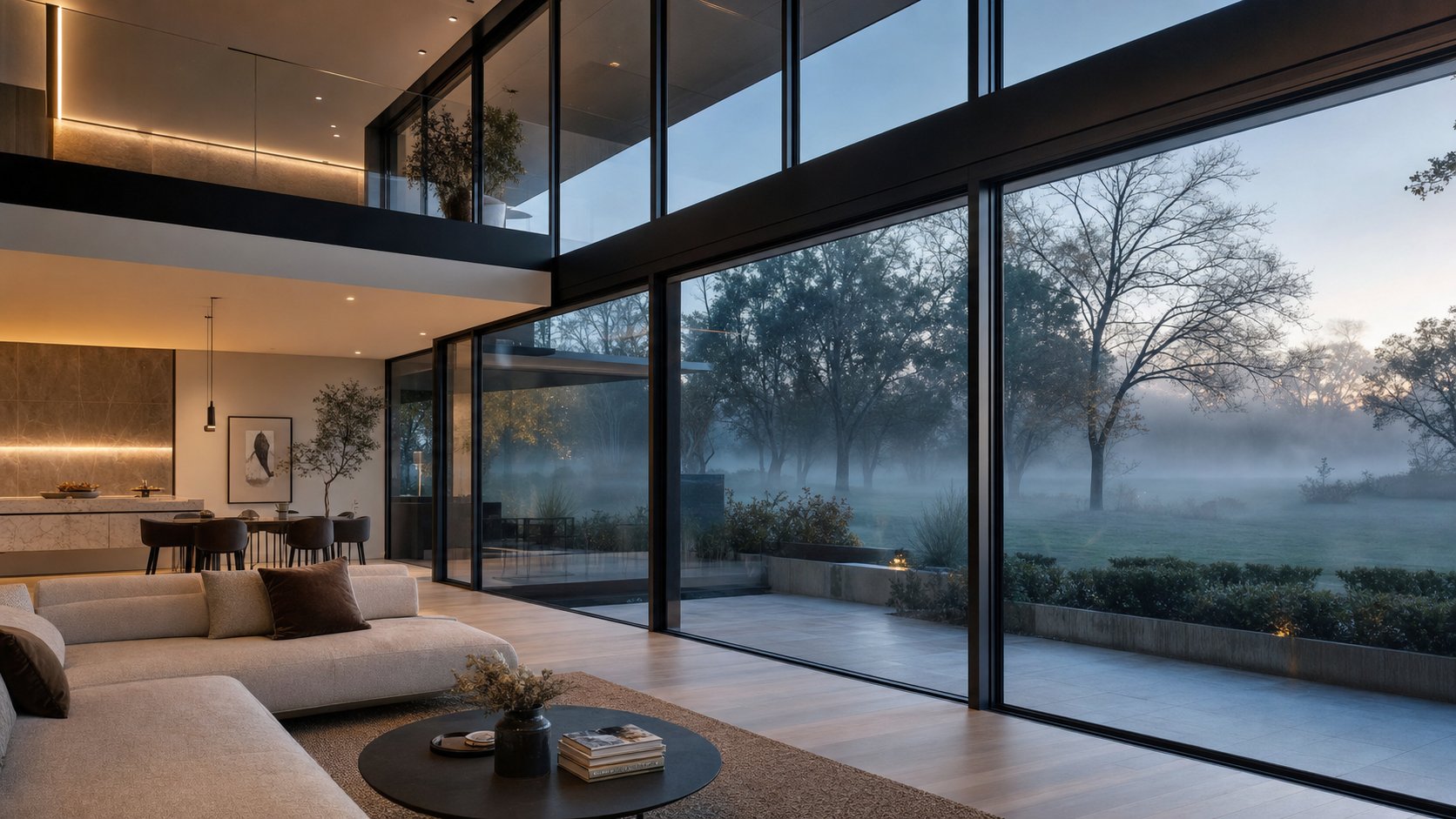 thermally broken aluminium windows maintaining clear condensation free glass on a cold morning thanks to their insulating polyamide barrier