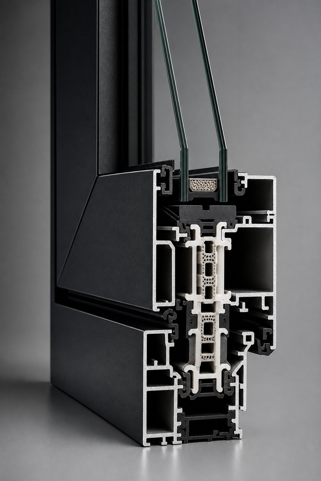 thermally broken black aluminium frame profile showing the polyamide barrier between exterior and interior sections