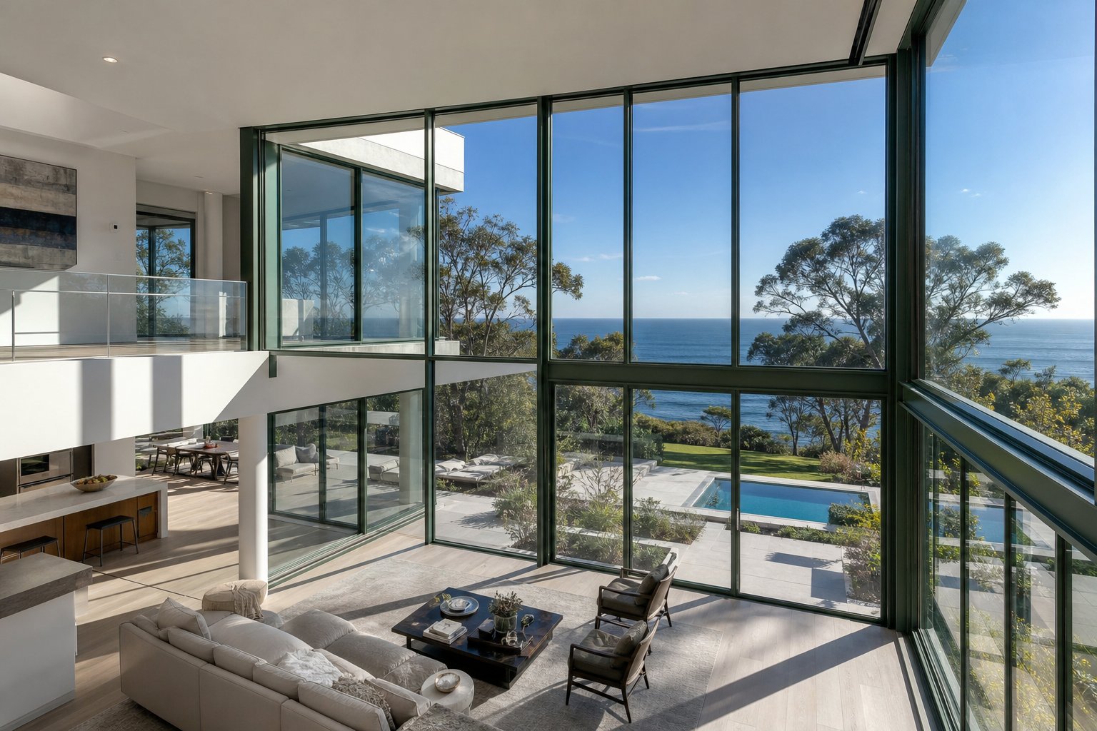 thermally broken green aluminium window frames with slimline profiles maximising natural light and views