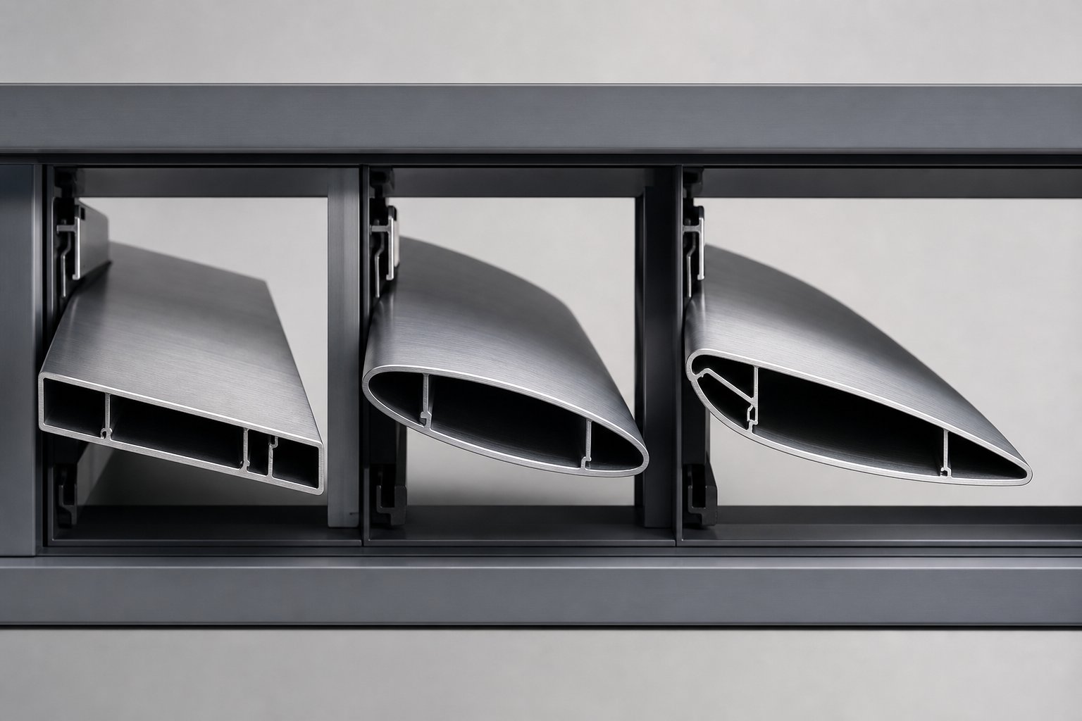 three aluminium louver blade profiles %E2%80%94 flat elliptical and aerofoil %E2%80%94 each engineered for different performance demands