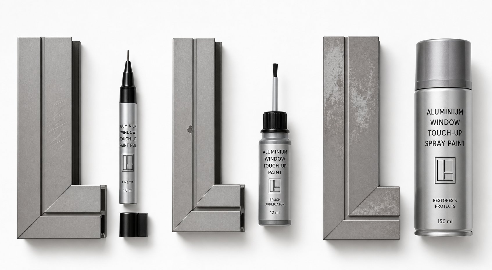 three touch up paint formats for aluminium windows %E2%80%94 pen brush on bottle and aerosol spray %E2%80%94 each suited to different damage sizes