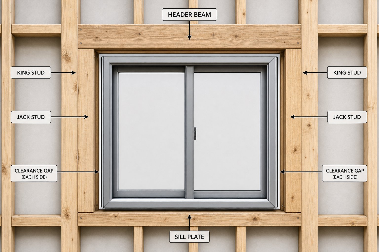 timber rough opening structure showing correct clearance gaps sized for aluminium window thermal expansion