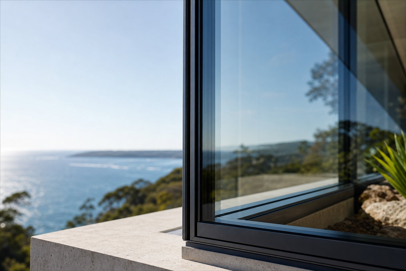 ultra slim aluminium window profiles at a corner junction demonstrating maximum glass area with minimal frame visibility
