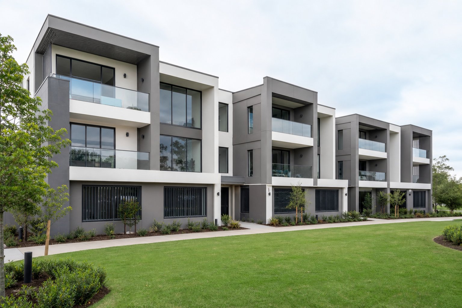 uniform aluminium security grilles across a multi unit residential development maintaining cohesive facade design