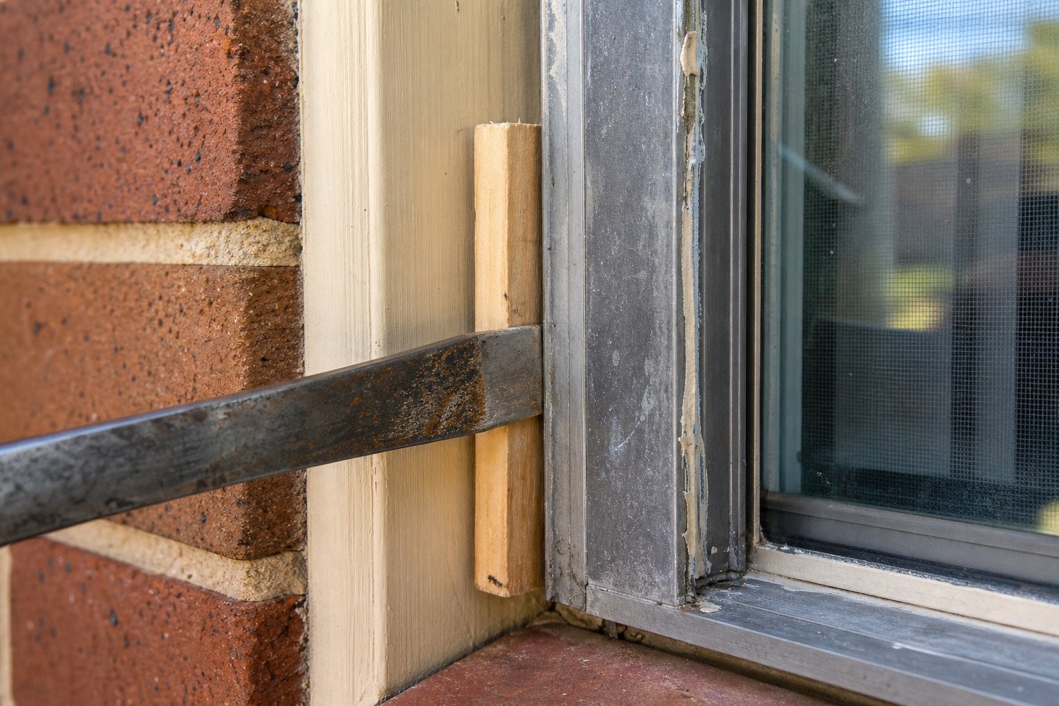 using a flat pry bar with protective timber offcut to lever an aluminium frame from the opening