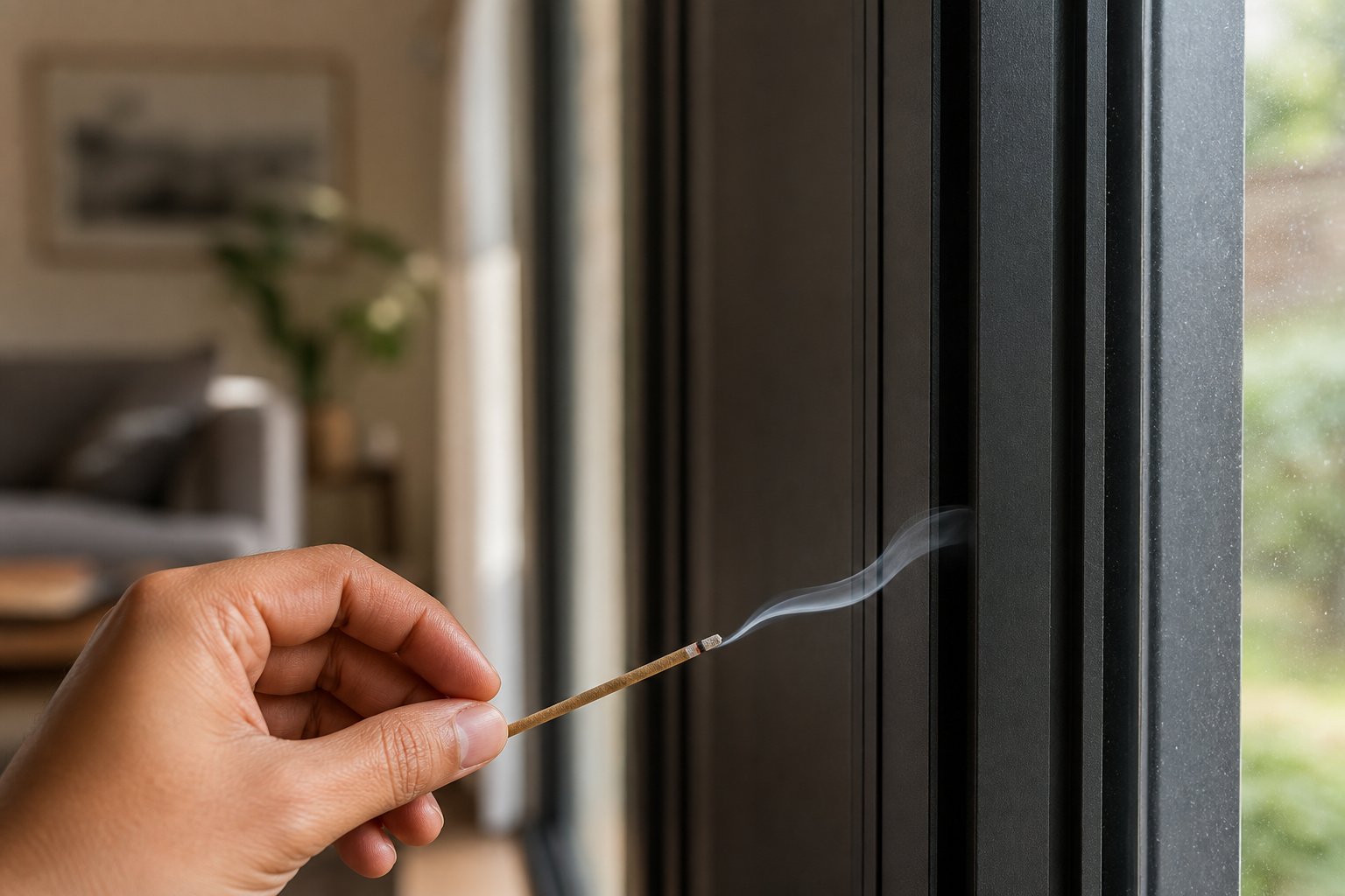 using an incense stick to detect draught entry points along an aluminium window frame by observing smoke movement